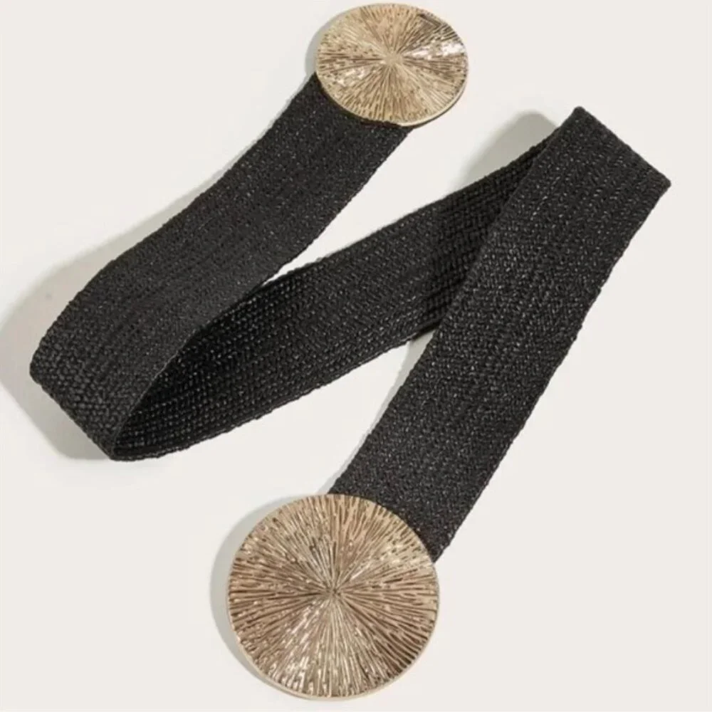Black & Gold elastic waist belt with round disk buckle - Picture 3 of 5